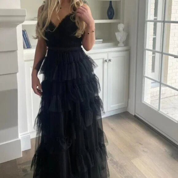 BETSY & ADAM Tiered Ruffle Tulle Gown in Black Size US 4 - Picture 12 of 13